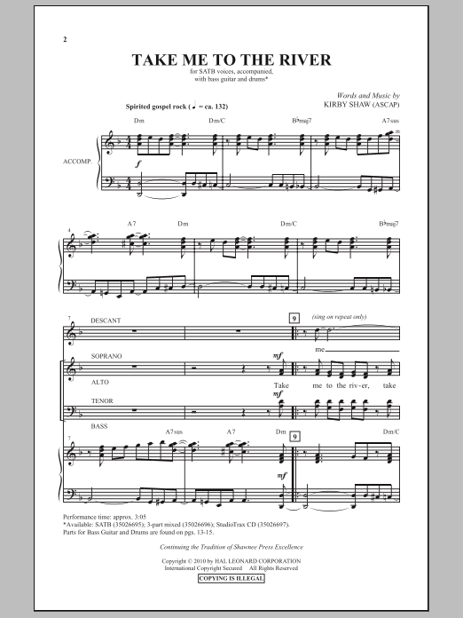 Download Kirby Shaw Take Me To The River Sheet Music and learn how to play 3-Part Mixed Choir PDF digital score in minutes
