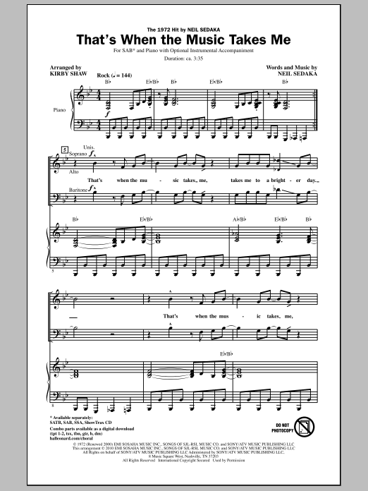 Download Kirby Shaw That's When The Music Takes Me Sheet Music and learn how to play SATB Choir PDF digital score in minutes