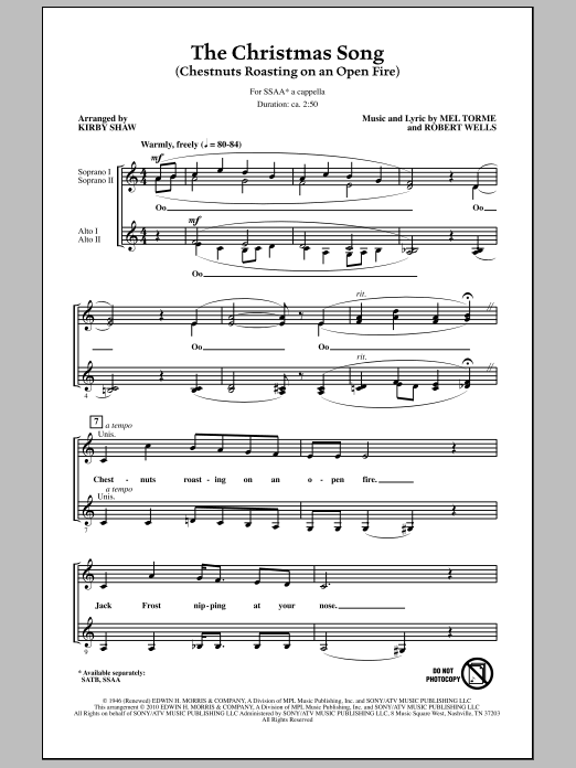 Download Kirby Shaw The Christmas Song (Chestnuts Roasting On An Open Fire) Sheet Music and learn how to play SSAA Choir PDF digital score in minutes