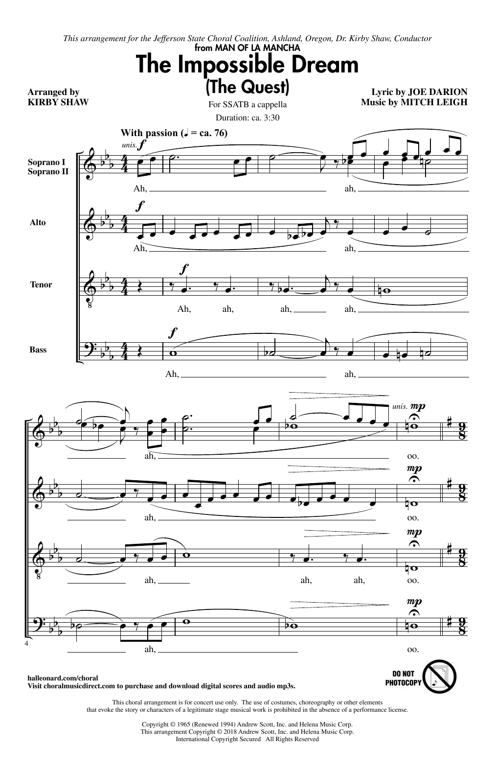Download Kirby Shaw The Impossible Dream (The Quest) Sheet Music and learn how to play SATB PDF digital score in minutes