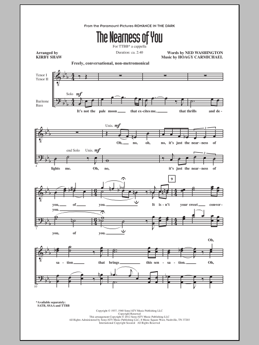 Download Hoagy Carmichael The Nearness Of You (arr. Kirby Shaw) Sheet Music and learn how to play TTBB PDF digital score in minutes