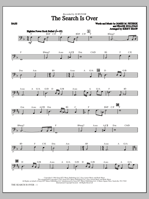 Download Kirby Shaw The Search Is Over - Bass Sheet Music and learn how to play Choir Instrumental Pak PDF digital score in minutes