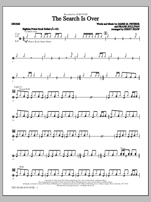 Download Kirby Shaw The Search Is Over - Drums Sheet Music and learn how to play Choir Instrumental Pak PDF digital score in minutes