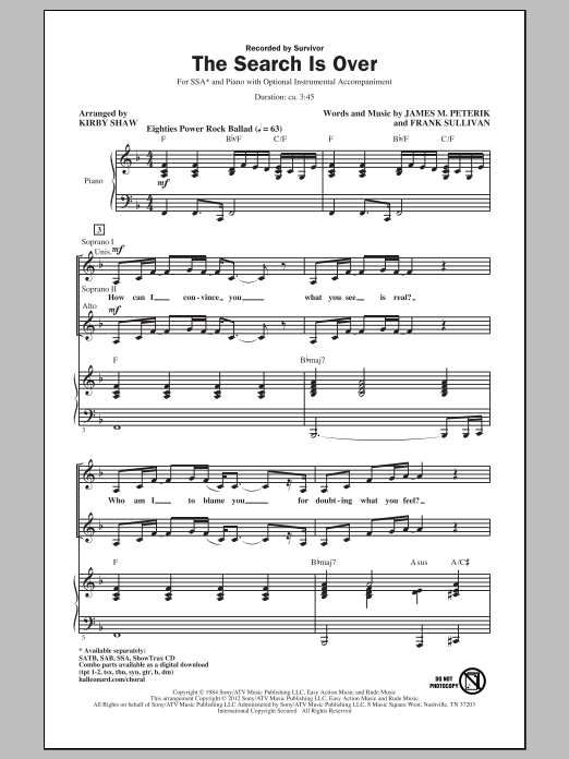 Download Survivor The Search Is Over (arr. Kirby Shaw) Sheet Music and learn how to play SSA PDF digital score in minutes