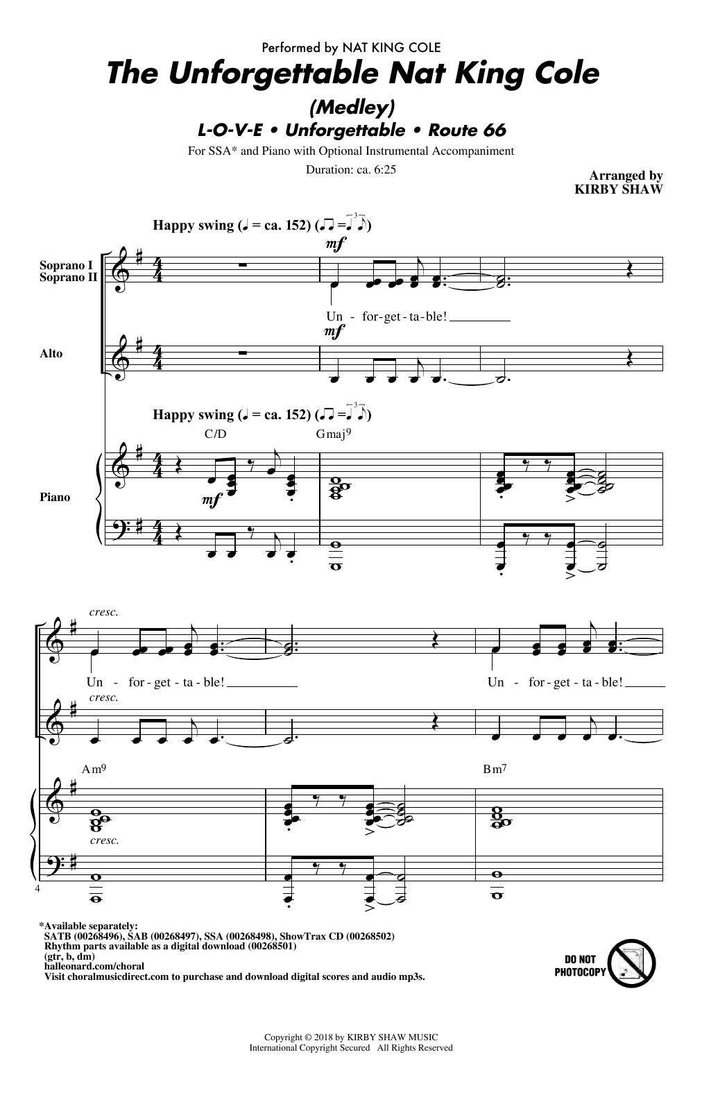 Download Kirby Shaw The Unforgettable Nat King Cole (Medley) Sheet Music and learn how to play SATB Choir PDF digital score in minutes