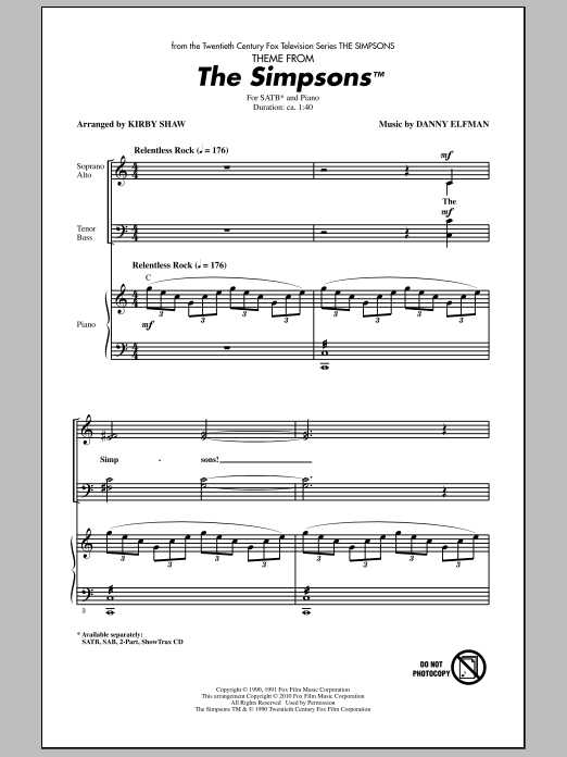 Download Kirby Shaw Theme From The Simpsons Sheet Music and learn how to play 2-Part Choir PDF digital score in minutes