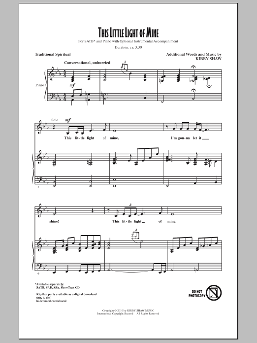 Download Kirby Shaw This Little Light Of Mine Sheet Music and learn how to play SATB Choir PDF digital score in minutes