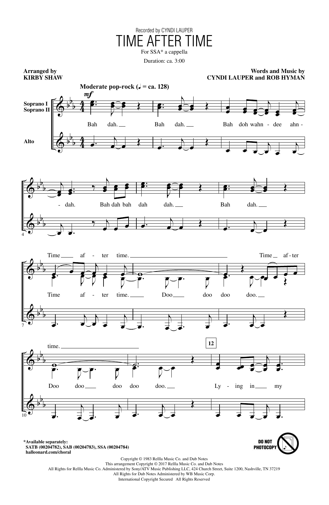 Download Kirby Shaw Time After Time Sheet Music and learn how to play SSA PDF digital score in minutes