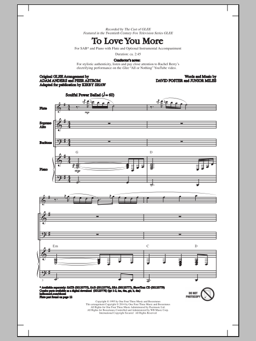 Download Glee Cast To Love You More (arr. Kirby Shaw) Sheet Music and learn how to play SSA PDF digital score in minutes