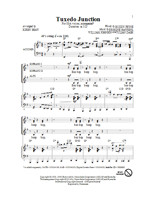 Download The Manhattan Transfer Tuxedo Junction (arr. Kirby Shaw) Sheet Music and learn how to play SSA PDF digital score in minutes