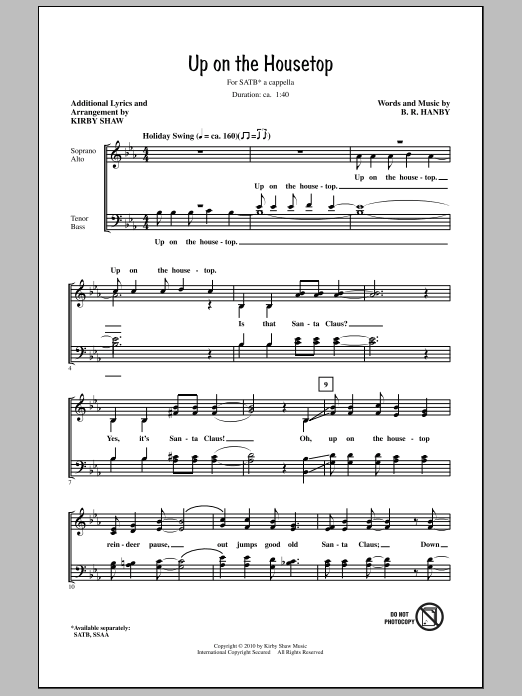 Download Kirby Shaw Up On The Housetop Sheet Music and learn how to play SATB Choir PDF digital score in minutes