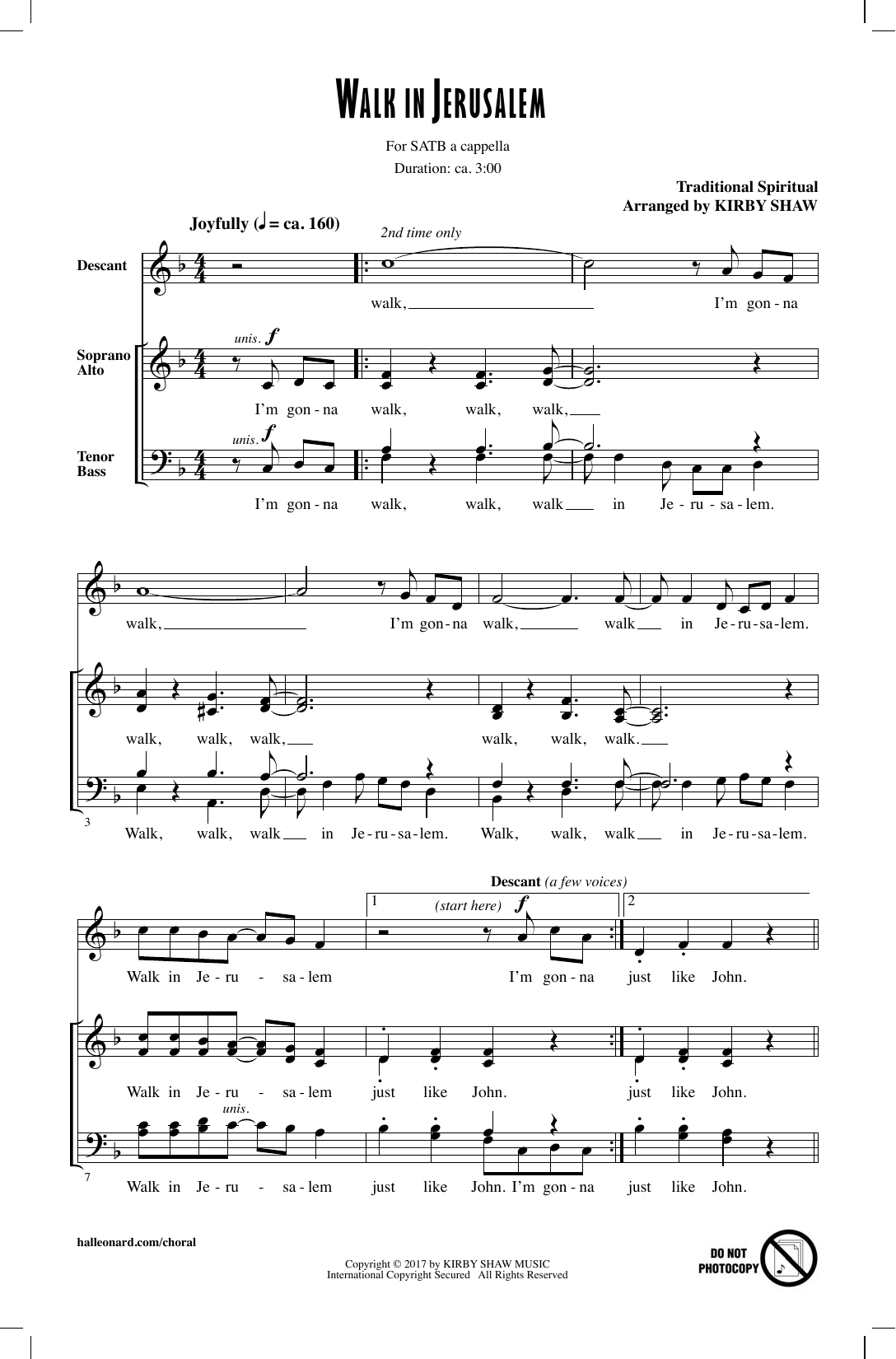 Download Kirby Shaw Walk In Jerusalem, Just Like John Sheet Music and learn how to play SATB PDF digital score in minutes
