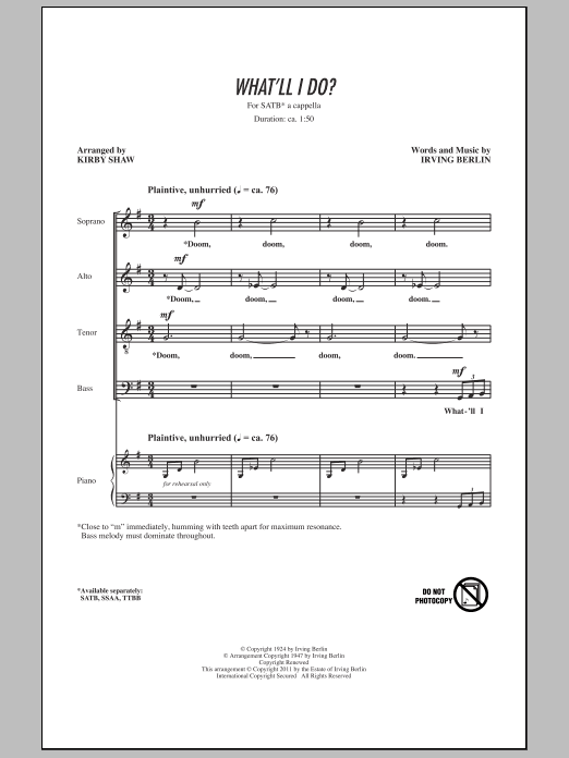 Download Kirby Shaw What'll I Do Sheet Music and learn how to play SATB Choir PDF digital score in minutes