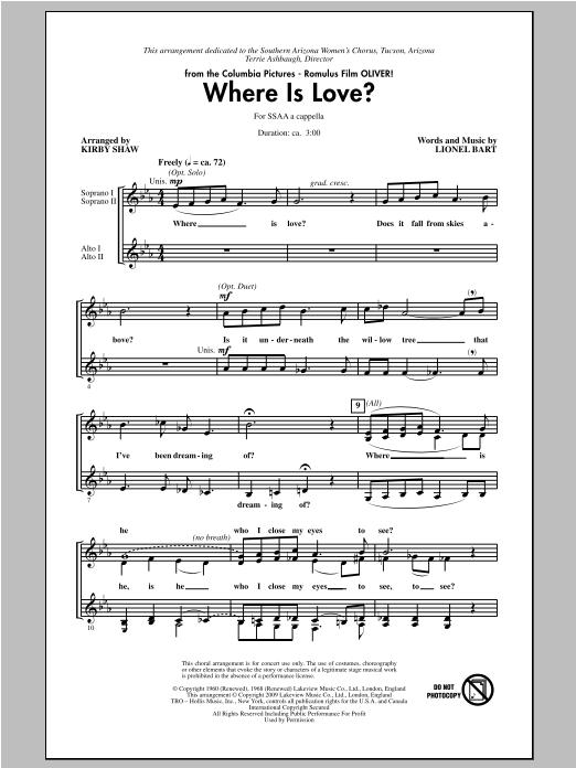 Download Lionel Bart Where Is Love? (arr. Kirby Shaw) Sheet Music and learn how to play SSA PDF digital score in minutes