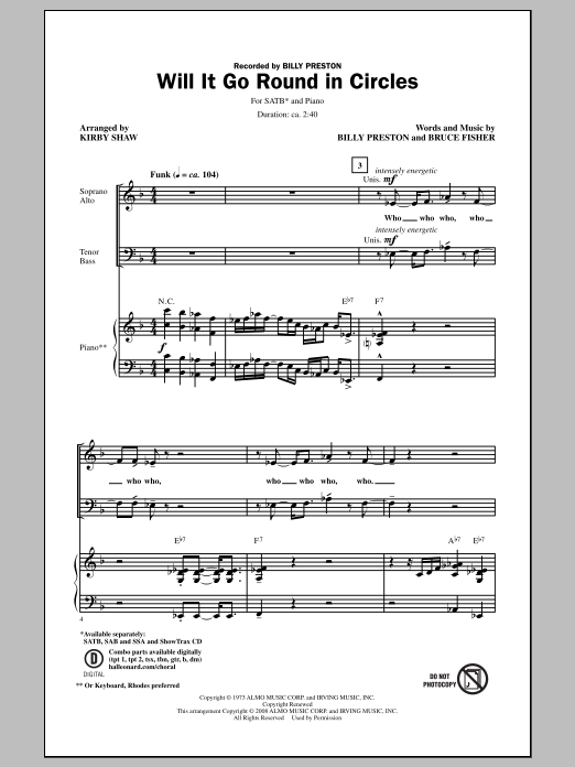 Download Billy Preston Will It Go Round In Circles (arr. Kirby Shaw) Sheet Music and learn how to play SSA PDF digital score in minutes