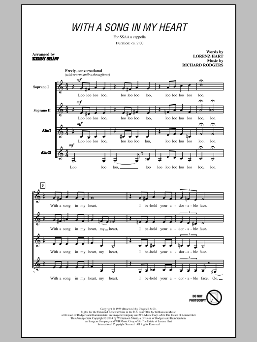 Download Rodgers & Hart With A Song In My Heart (arr. Kirby Shaw) Sheet Music and learn how to play SSA PDF digital score in minutes