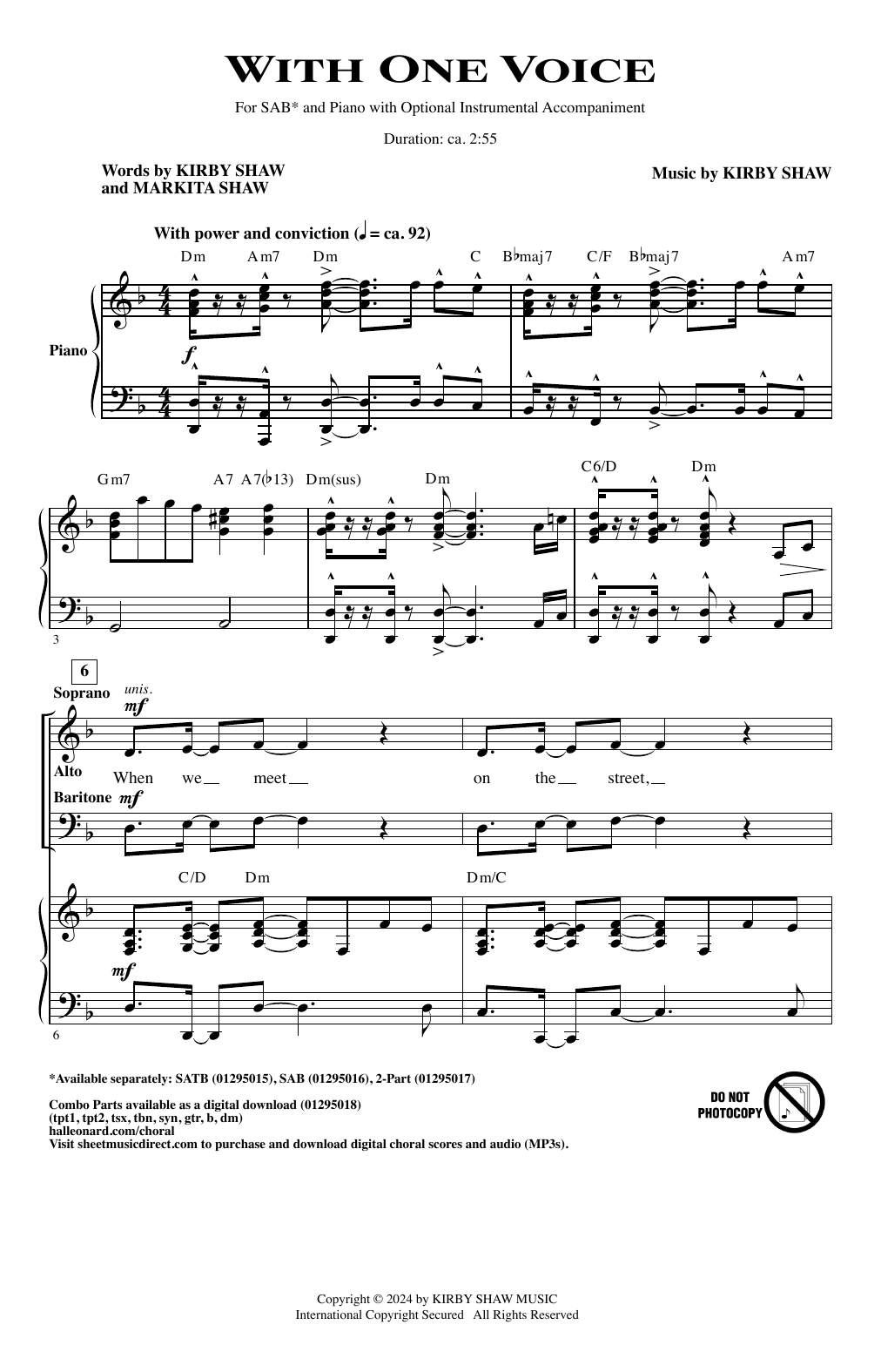 Download Kirby Shaw With One Voice Sheet Music and learn how to play 2-Part Choir PDF digital score in minutes