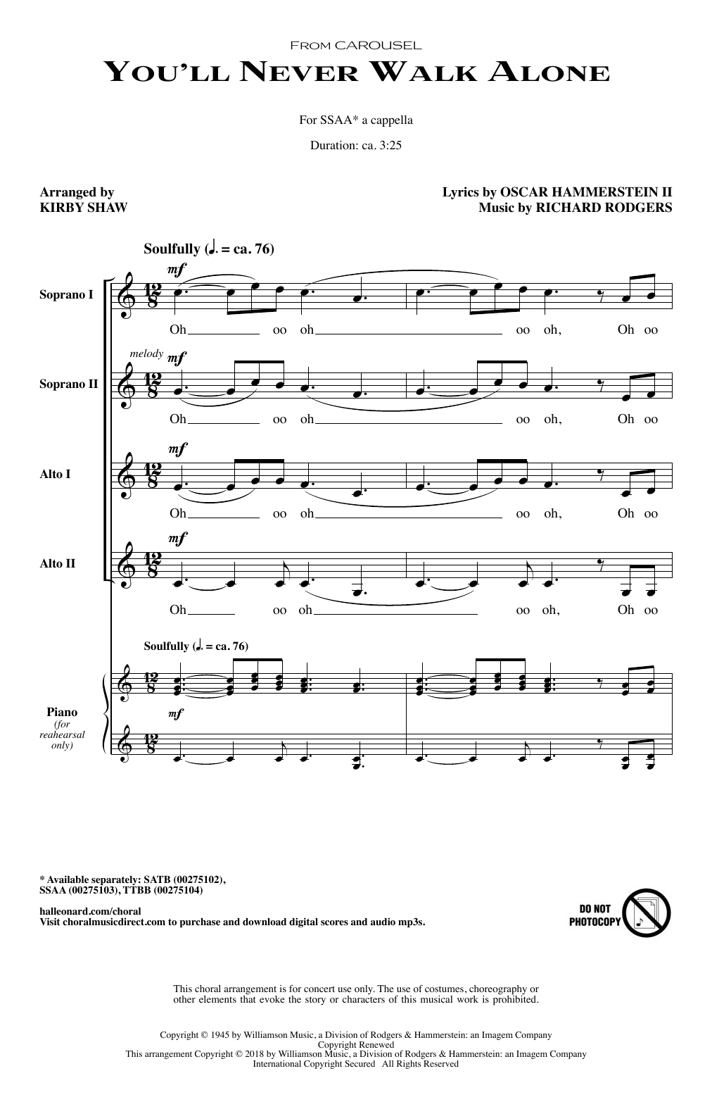 Download Kirby Shaw You'll Never Walk Alone Sheet Music and learn how to play SSA Choir PDF digital score in minutes