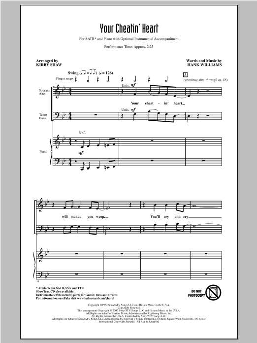 Download Patsy Cline Your Cheatin' Heart (arr. Kirby Shaw) Sheet Music and learn how to play TTBB PDF digital score in minutes