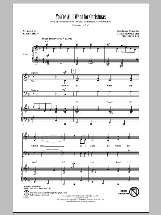Download Bing Crosby You're All I Want For Christmas (arr. Kirby Shaw) Sheet Music and learn how to play SAB PDF digital score in minutes