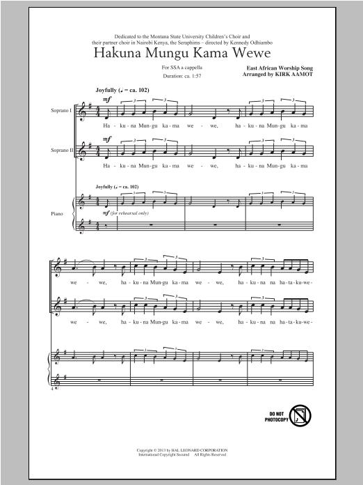 Download Traditional Spiritual Hakuna Mungu Kama Wewe (arr. Kirk Aamot) Sheet Music and learn how to play SSA PDF digital score in minutes