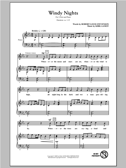 Download Kirk Aamot Windy Nights Sheet Music and learn how to play 2-Part Choir PDF digital score in minutes