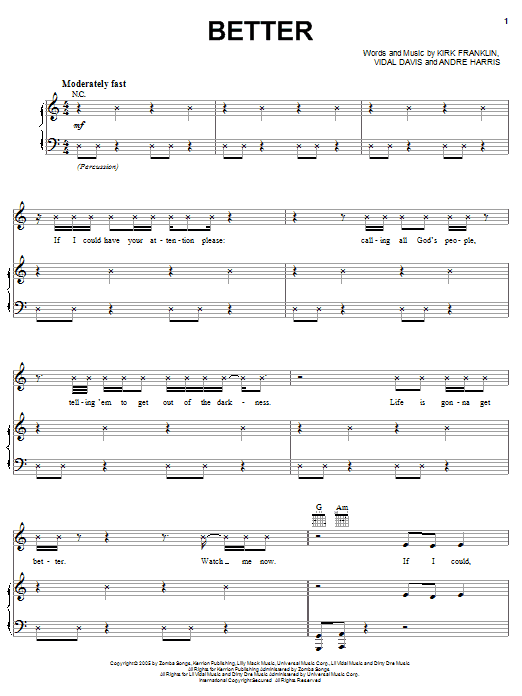 Download Kirk Franklin Better Sheet Music and learn how to play Piano, Vocal & Guitar (Right-Hand Melody) PDF digital score in minutes