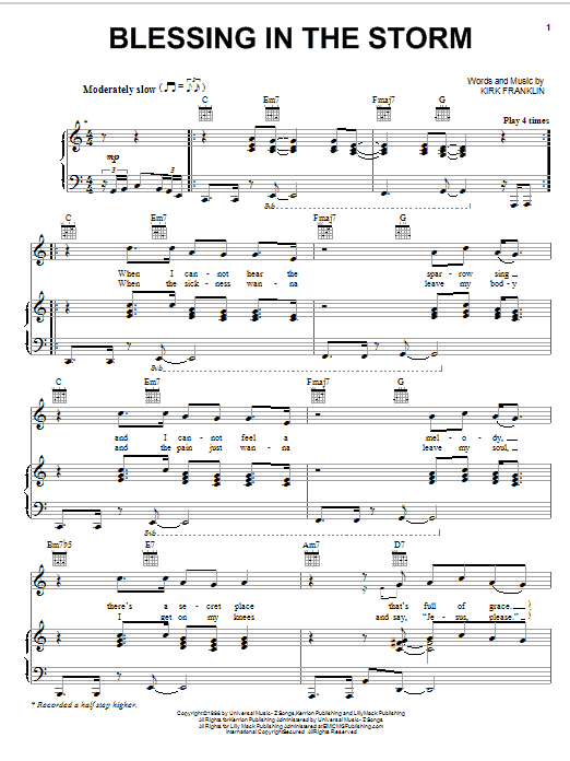 Download Kirk Franklin Blessing In The Storm Sheet Music and learn how to play Piano, Vocal & Guitar (Right-Hand Melody) PDF digital score in minutes