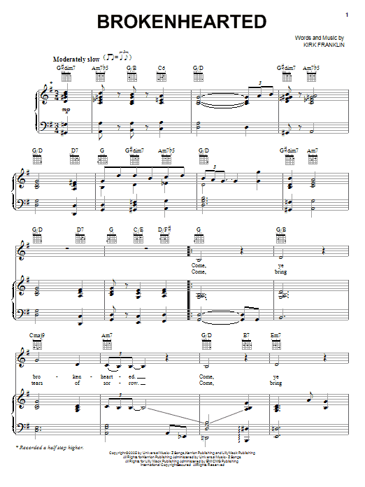 Download Kirk Franklin Brokenhearted Sheet Music and learn how to play Piano, Vocal & Guitar (Right-Hand Melody) PDF digital score in minutes