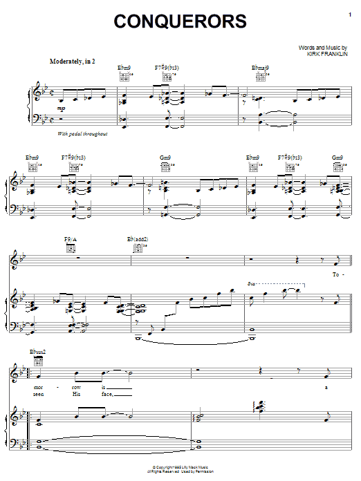 Download Kirk Franklin Conquerors Sheet Music and learn how to play Piano, Vocal & Guitar (Right-Hand Melody) PDF digital score in minutes