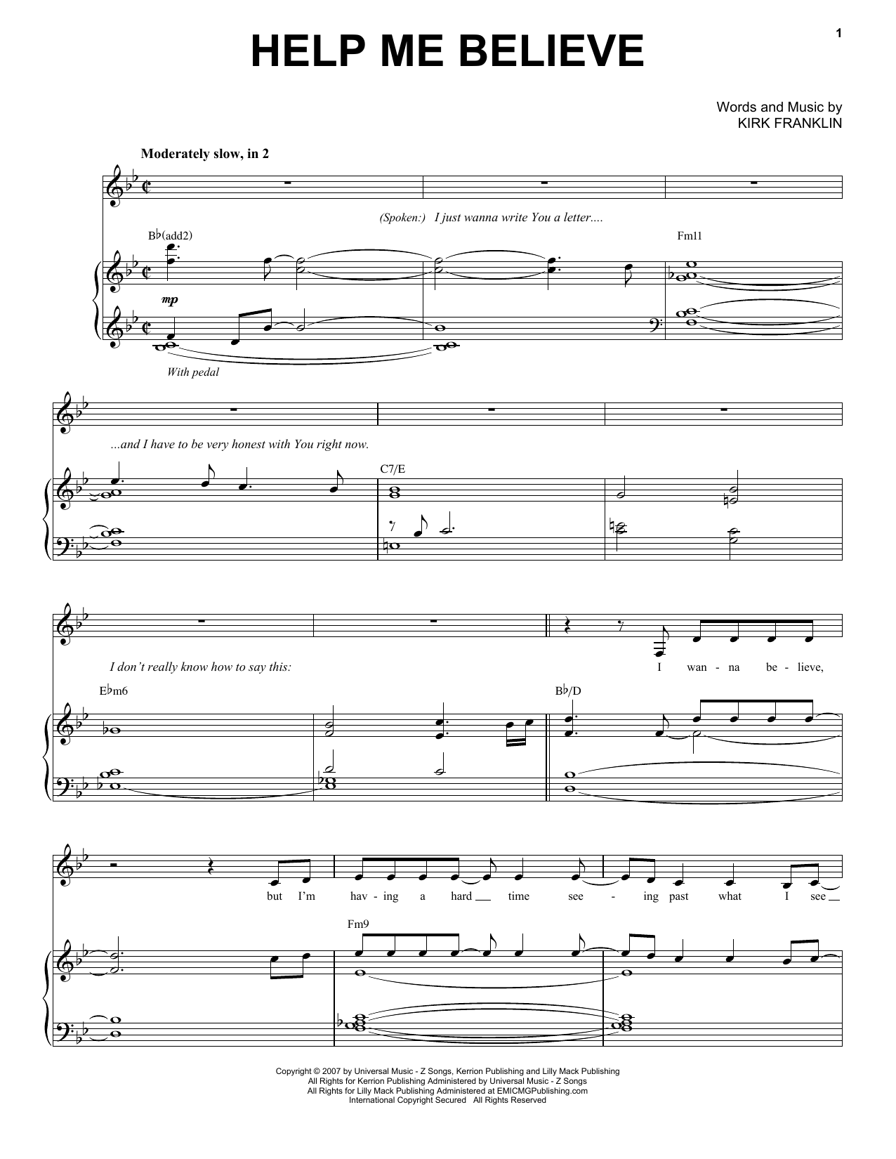Download Kirk Franklin Help Me Believe Sheet Music and learn how to play Piano & Vocal PDF digital score in minutes