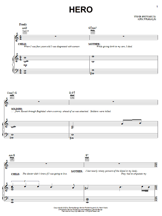 Download Kirk Franklin Hero Sheet Music and learn how to play Piano, Vocal & Guitar (Right-Hand Melody) PDF digital score in minutes