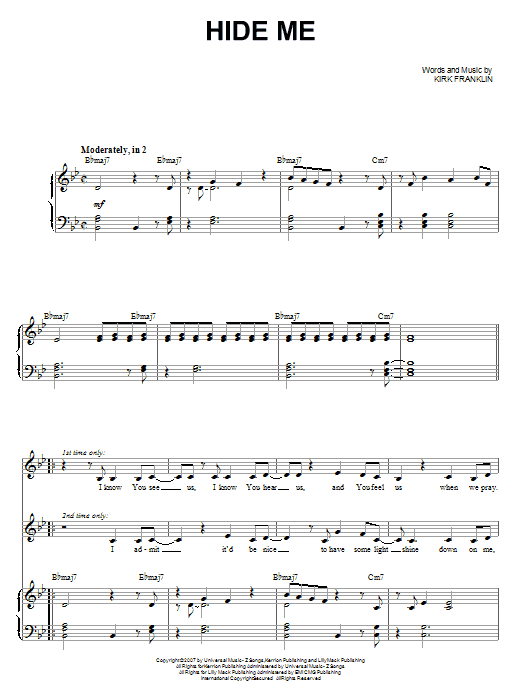 Download Kirk Franklin Hide Me Sheet Music and learn how to play Piano, Vocal & Guitar (Right-Hand Melody) PDF digital score in minutes