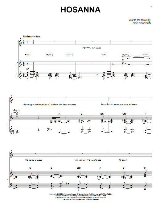 Download Kirk Franklin Hosanna Sheet Music and learn how to play Piano, Vocal & Guitar (Right-Hand Melody) PDF digital score in minutes