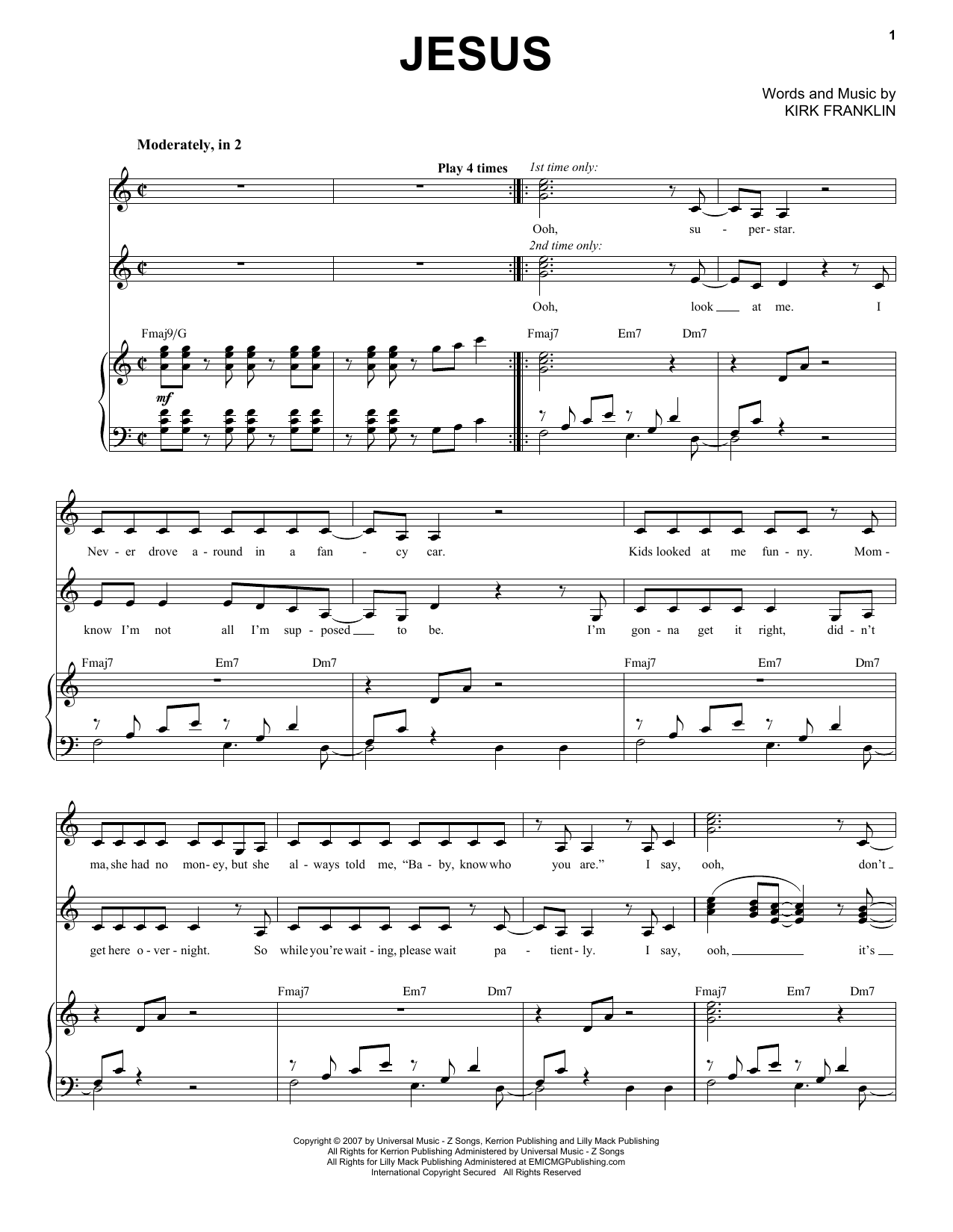 Download Kirk Franklin Jesus Sheet Music and learn how to play Piano & Vocal PDF digital score in minutes