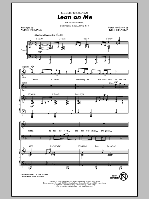 Download Kirk Franklin Lean On Me (arr. Andre Williams) Sheet Music and learn how to play SATB PDF digital score in minutes