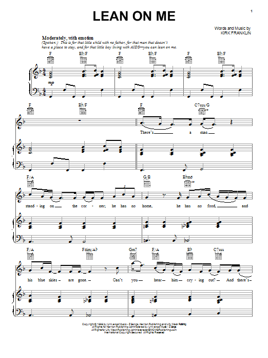 Download Kirk Franklin Lean On Me Sheet Music and learn how to play Piano, Vocal & Guitar (Right-Hand Melody) PDF digital score in minutes