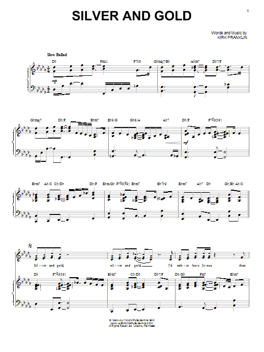 Download Kirk Franklin Silver And Gold Sheet Music and learn how to play Piano, Vocal & Guitar (Right-Hand Melody) PDF digital score in minutes