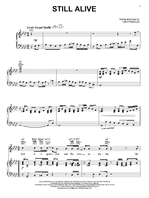 Download Kirk Franklin Still Alive Sheet Music and learn how to play Piano, Vocal & Guitar (Right-Hand Melody) PDF digital score in minutes