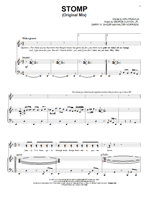 Download Kirk Franklin Stomp (Original Mix) Sheet Music and learn how to play Piano, Vocal & Guitar (Right-Hand Melody) PDF digital score in minutes