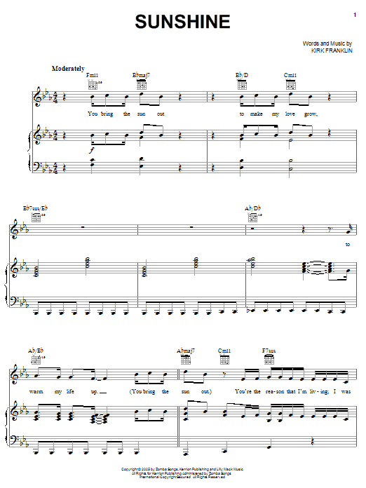Download Kirk Franklin Sunshine Sheet Music and learn how to play Piano, Vocal & Guitar (Right-Hand Melody) PDF digital score in minutes