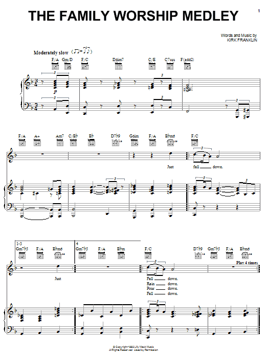 Download Kirk Franklin The Family Worship Medley Sheet Music and learn how to play Piano, Vocal & Guitar (Right-Hand Melody) PDF digital score in minutes