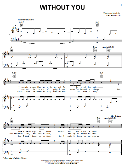Download Kirk Franklin Without You Sheet Music and learn how to play Piano, Vocal & Guitar (Right-Hand Melody) PDF digital score in minutes