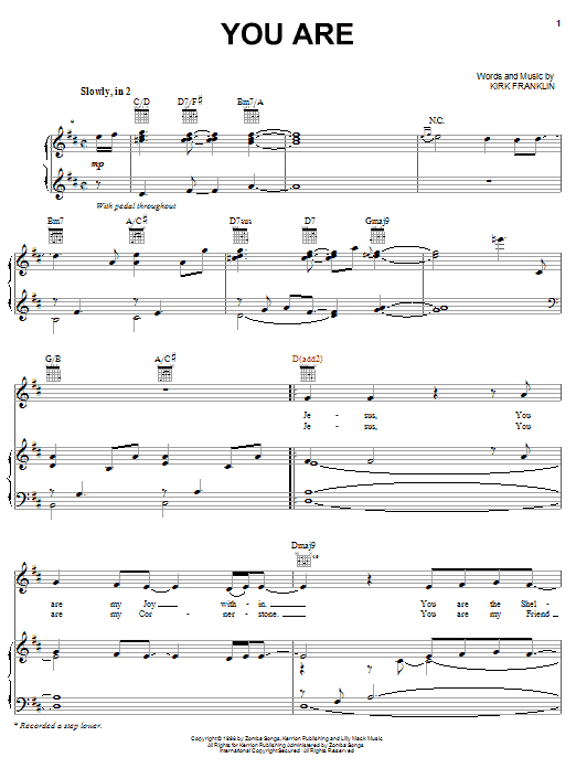 Download Kirk Franklin You Are Sheet Music and learn how to play Piano, Vocal & Guitar (Right-Hand Melody) PDF digital score in minutes