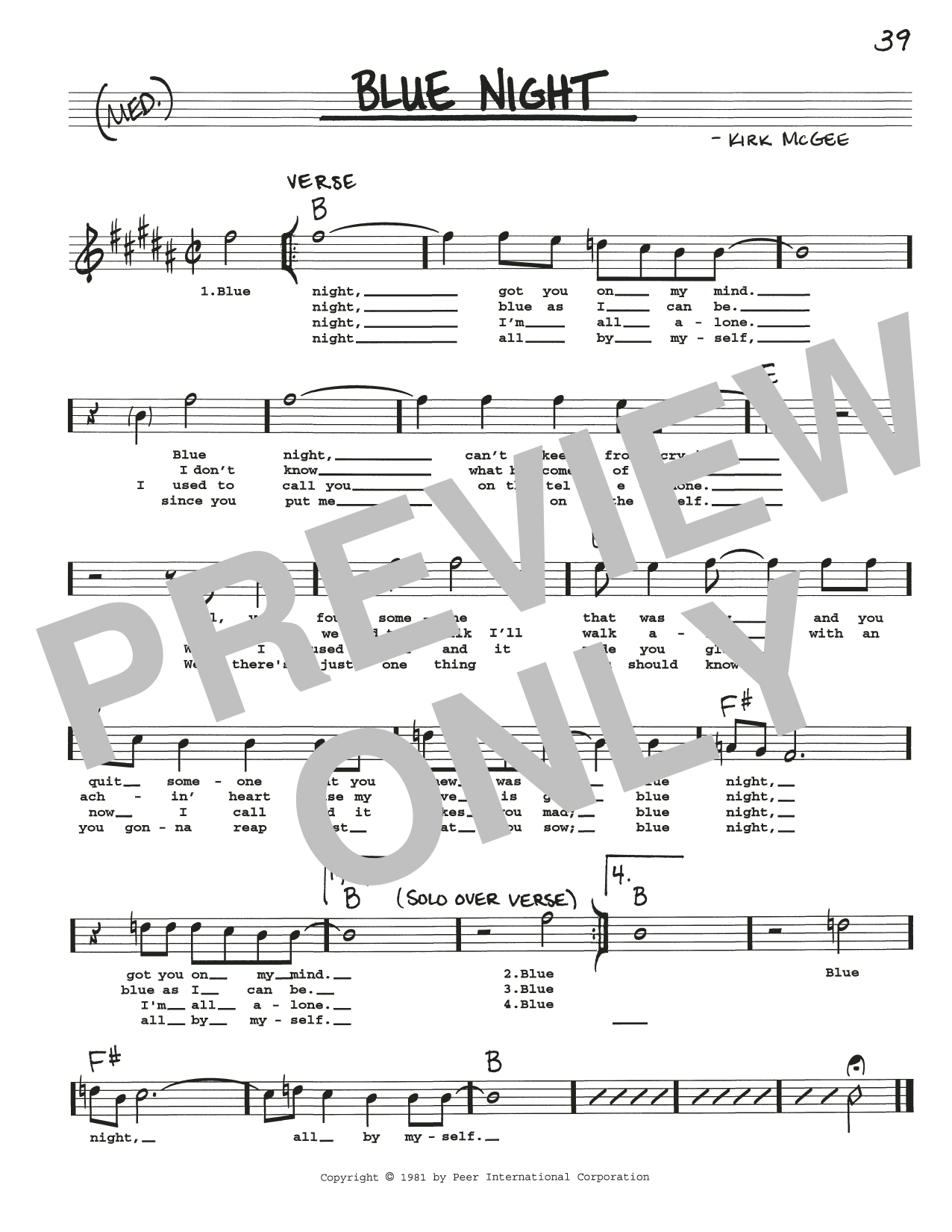 Download Kirk McGee Blue Night Sheet Music and learn how to play Real Book – Melody, Lyrics & Chords PDF digital score in minutes