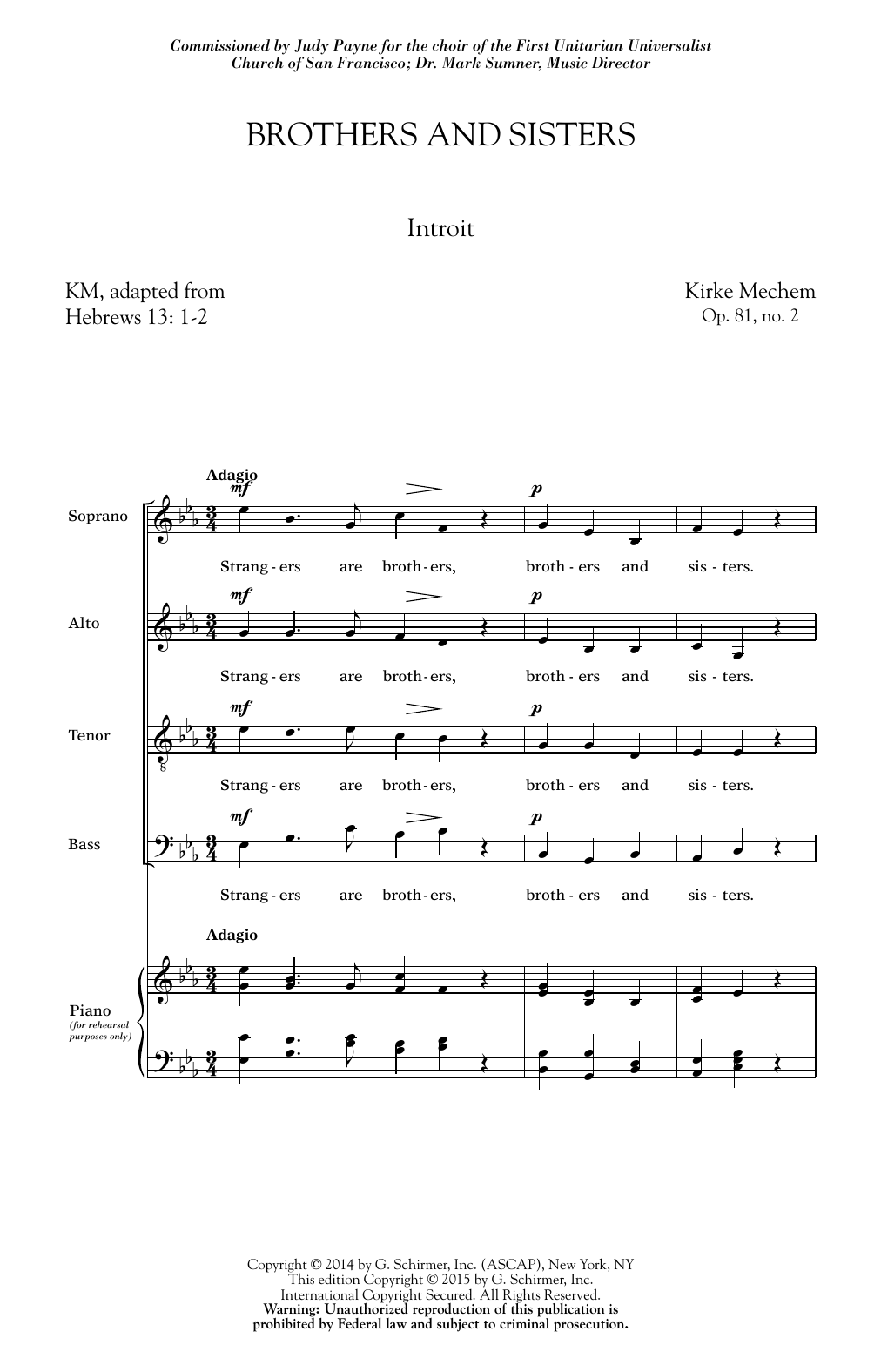 Download Kirke Mechem Brothers And Sisters Sheet Music and learn how to play SATB PDF digital score in minutes