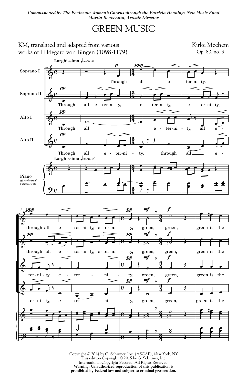 Download Kirke Mechem Green Music Sheet Music and learn how to play SSAA PDF digital score in minutes