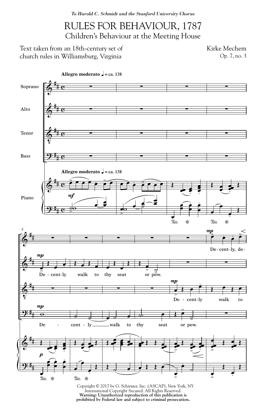 Download Kirke Mechem Rules For Behaviour, 1787 Sheet Music and learn how to play SATB PDF digital score in minutes