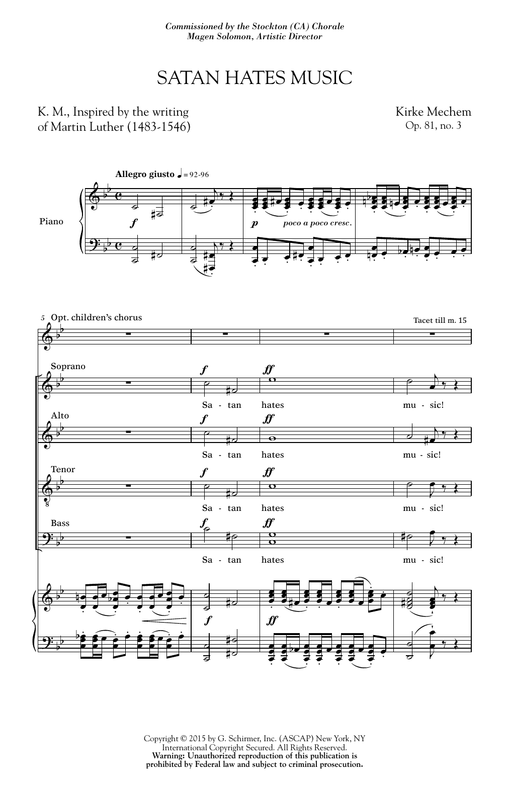 Download Kirke Mechem Satan Hates Music Sheet Music and learn how to play SATB PDF digital score in minutes