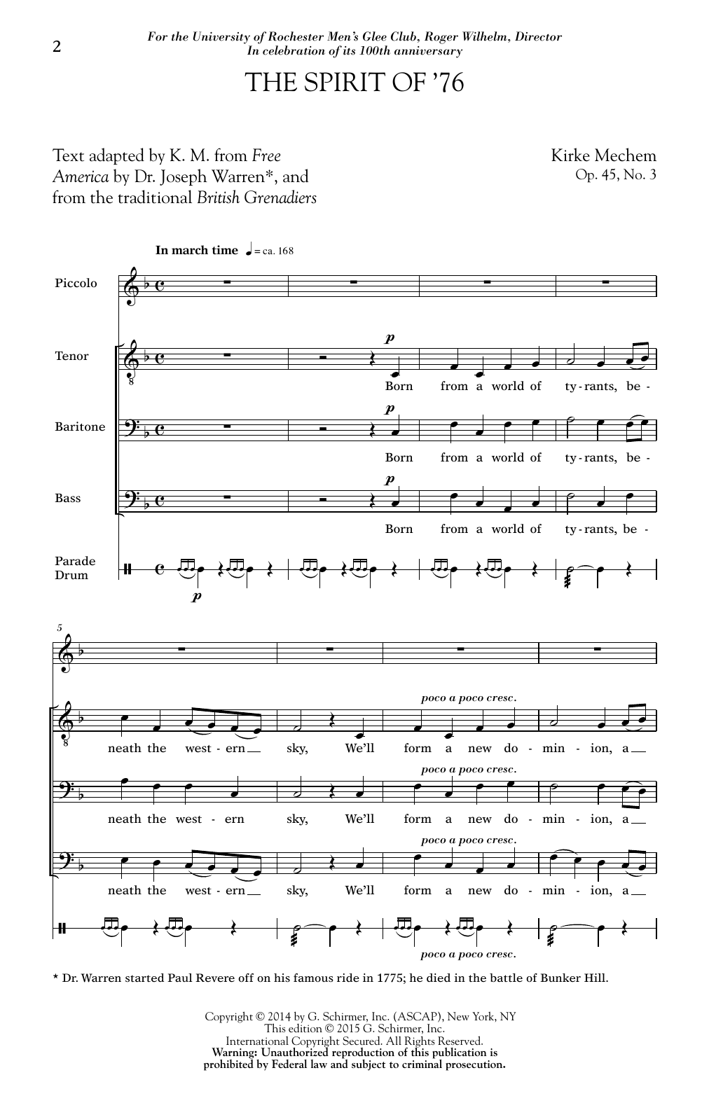 Download Kirke Mechem The Spirit of '76 Sheet Music and learn how to play TBB PDF digital score in minutes